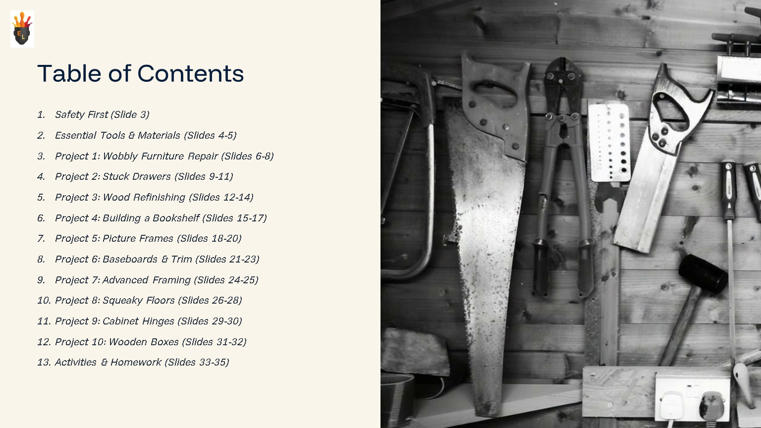 DIY woodworking tools beside table of contents slide