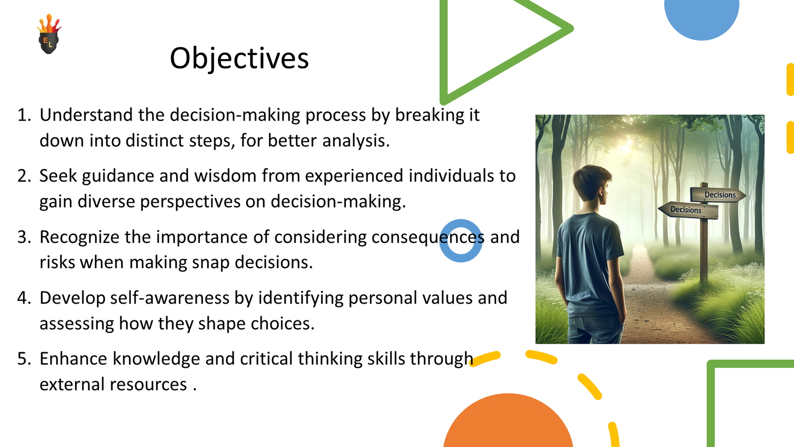 Boy facing decision signposts in forest path