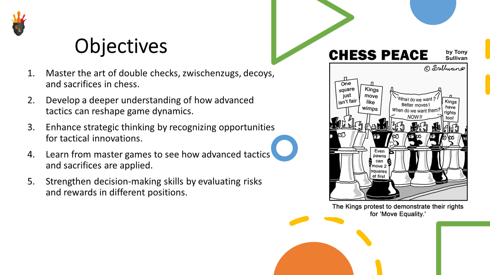 Slide showing chess objectives and protest cartoon