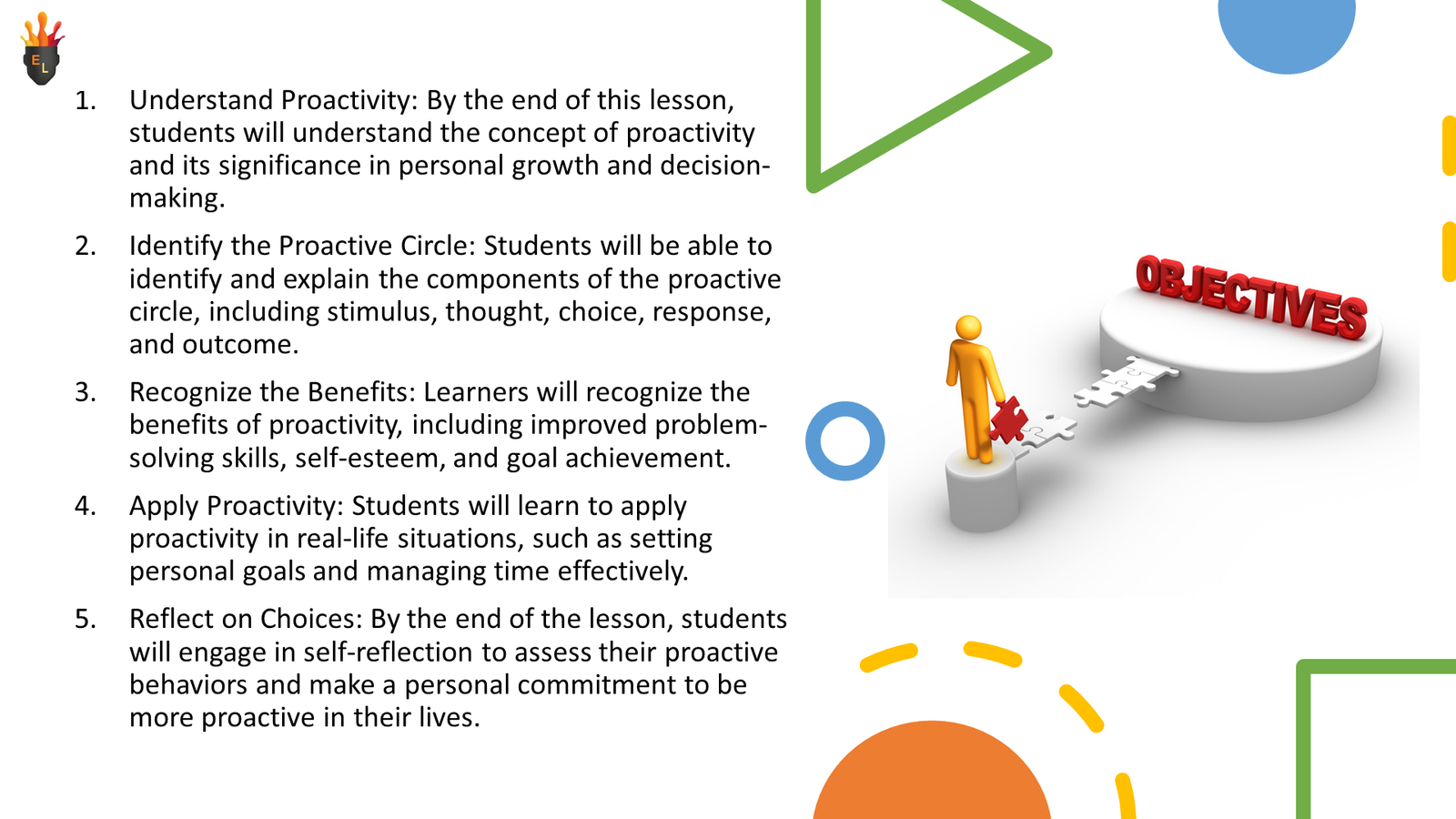 Lesson objectives on proactivity with puzzle bridge illustration