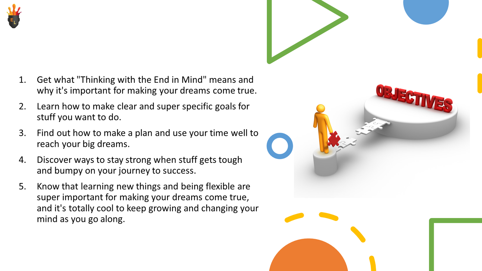 Objectives list with figure completing puzzle path