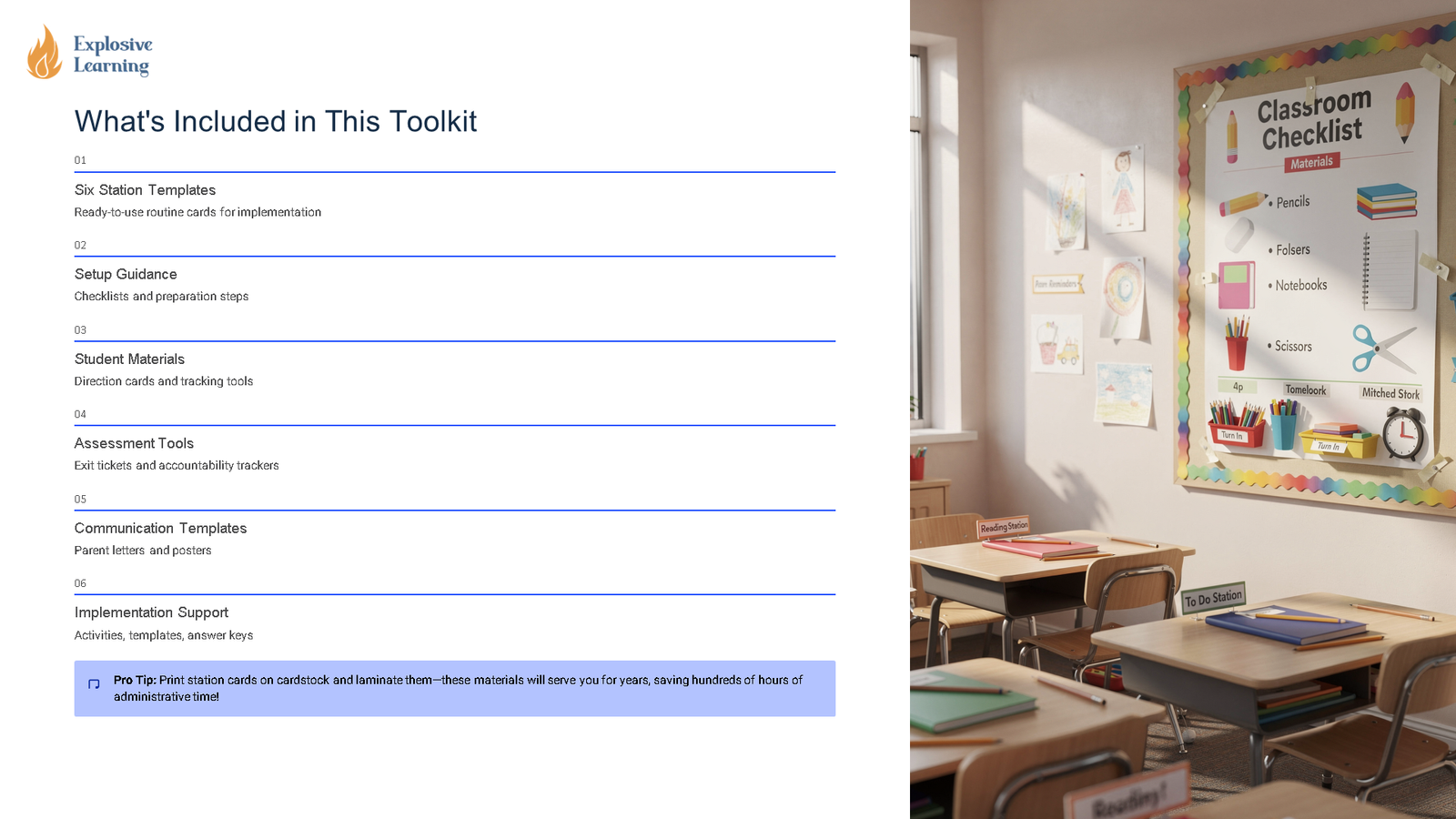 Classroom with toolkit contents slide and checklist poster