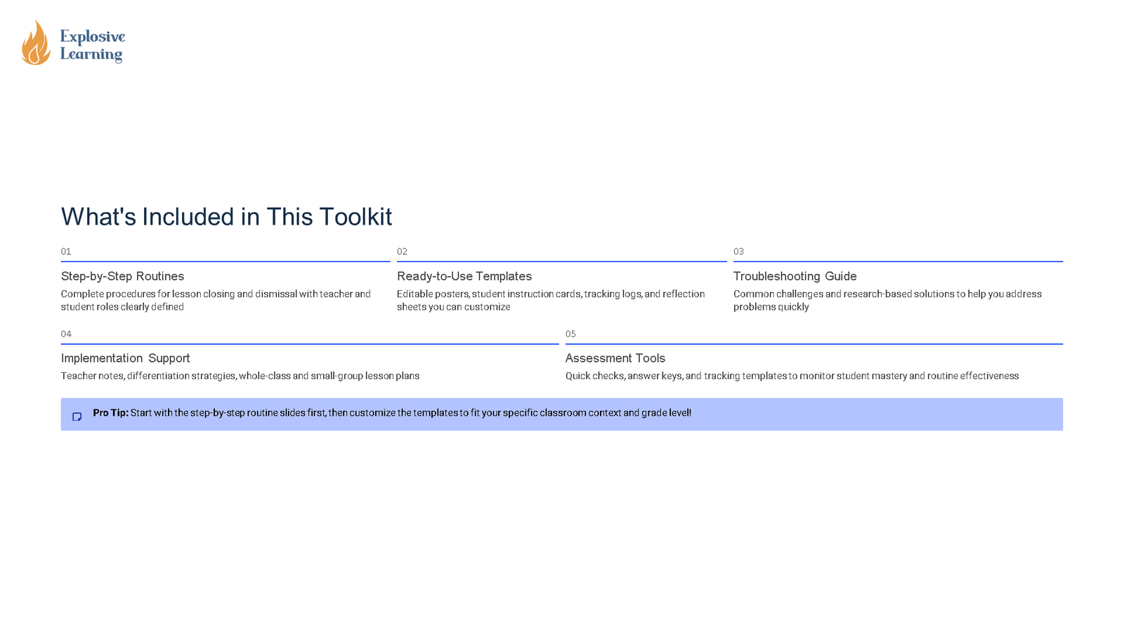Toolkit contents overview slide with five sections