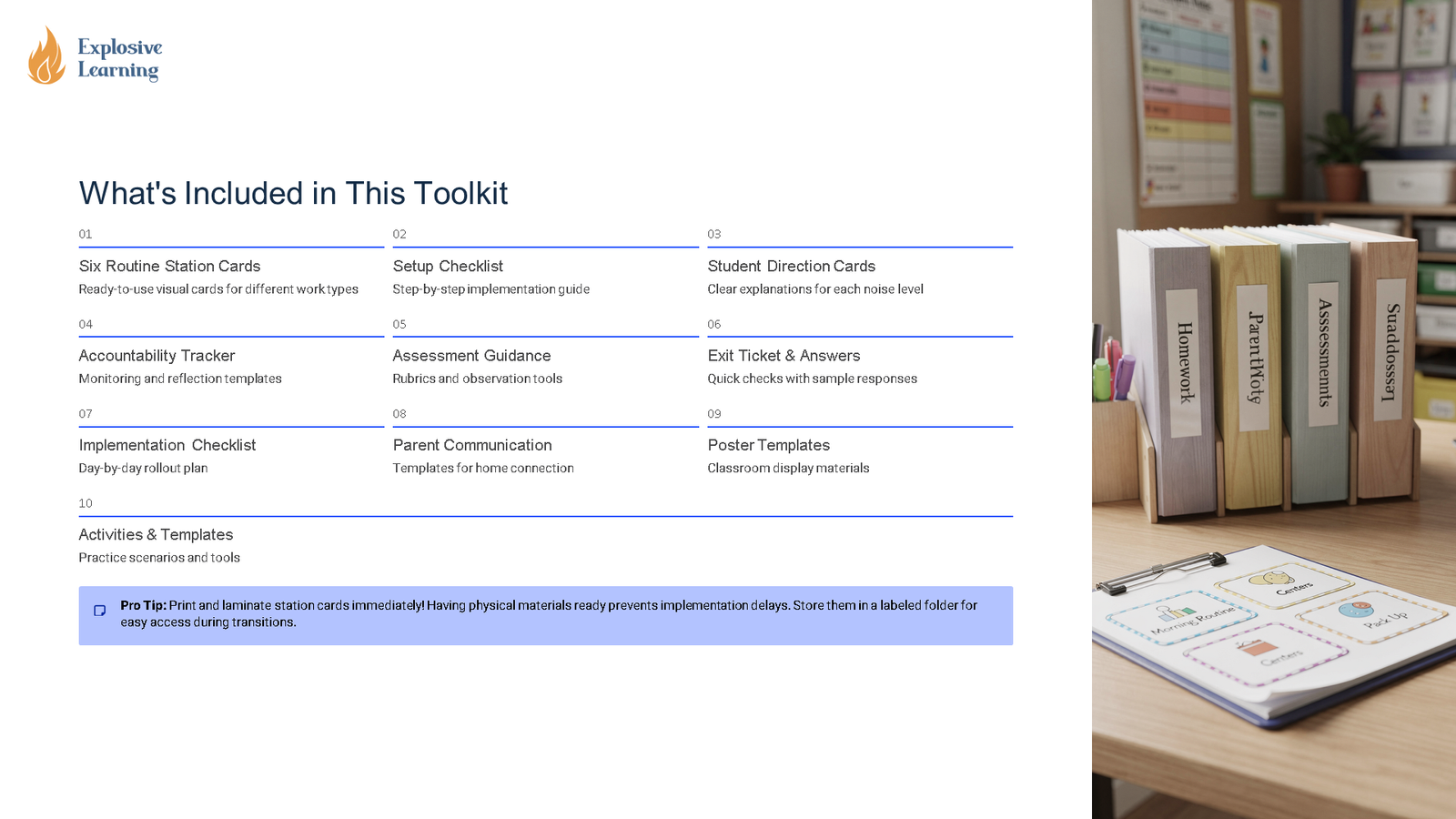 Toolkit contents slide with classroom folders on desk