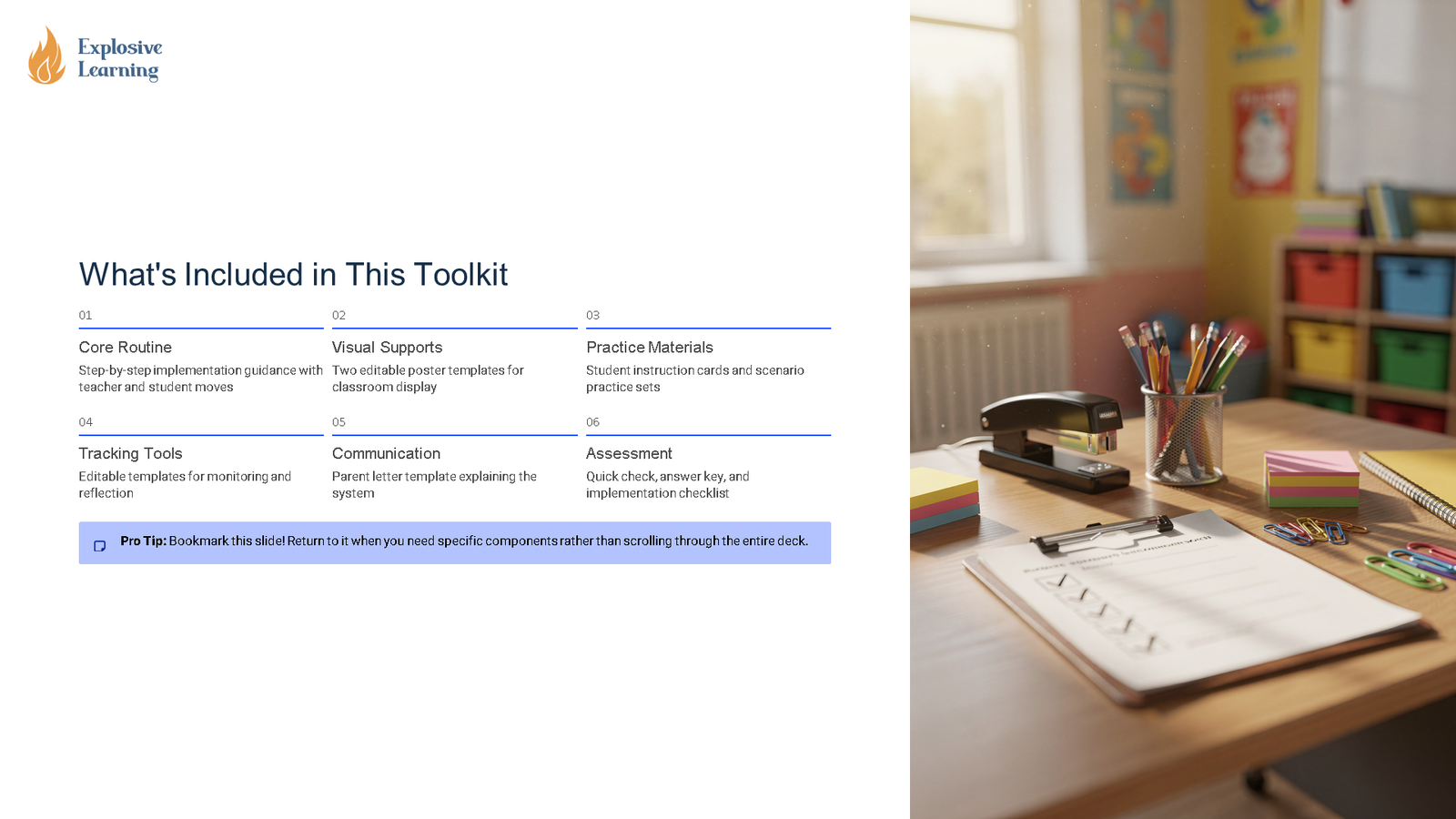 Toolkit contents slide beside classroom desk setup