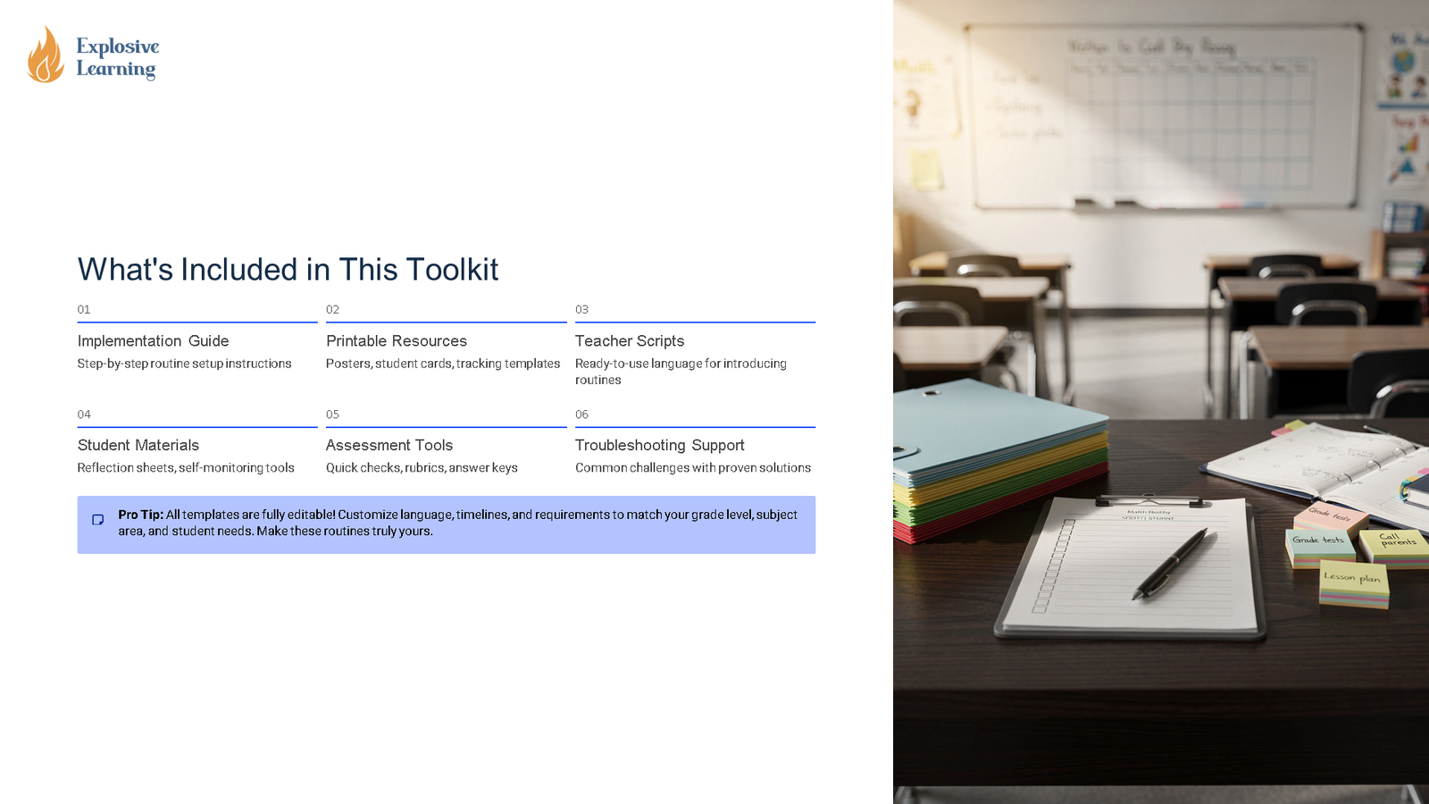 Classroom toolkit overview slide and teacher desk