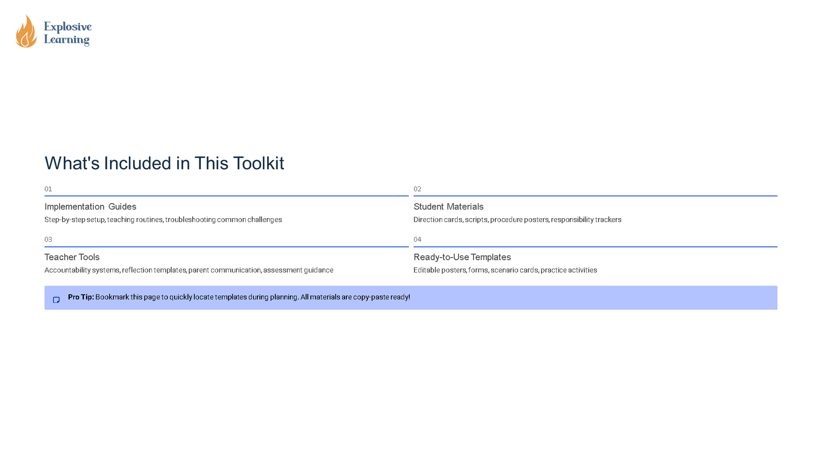 Toolkit contents overview slide with four sections