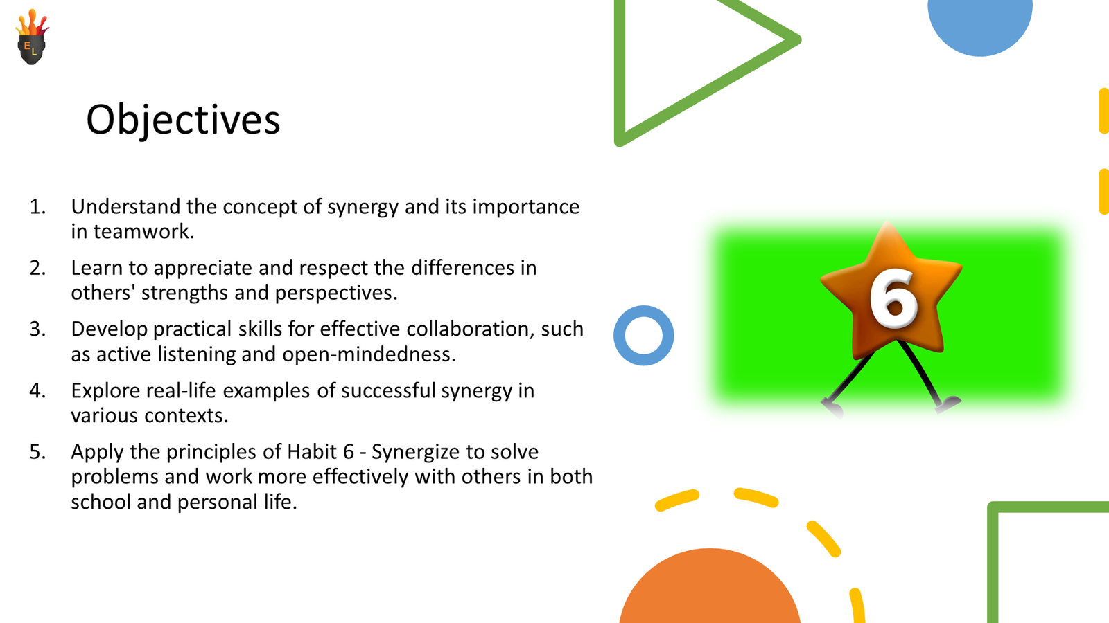 Objectives slide about synergy and teamwork skills