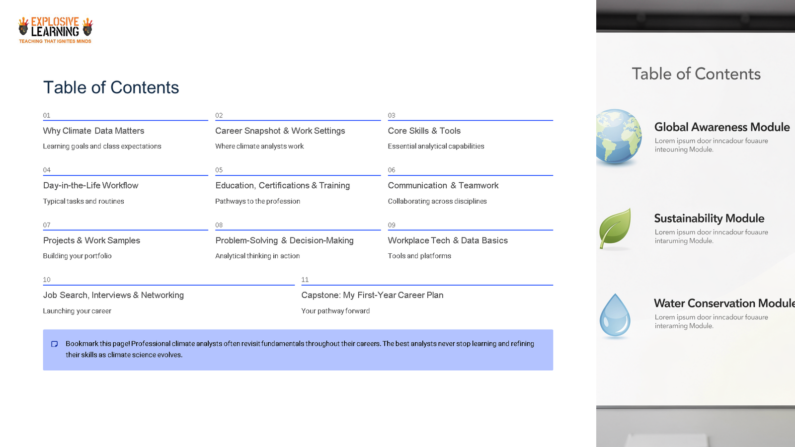 Climate analyst course table of contents slide