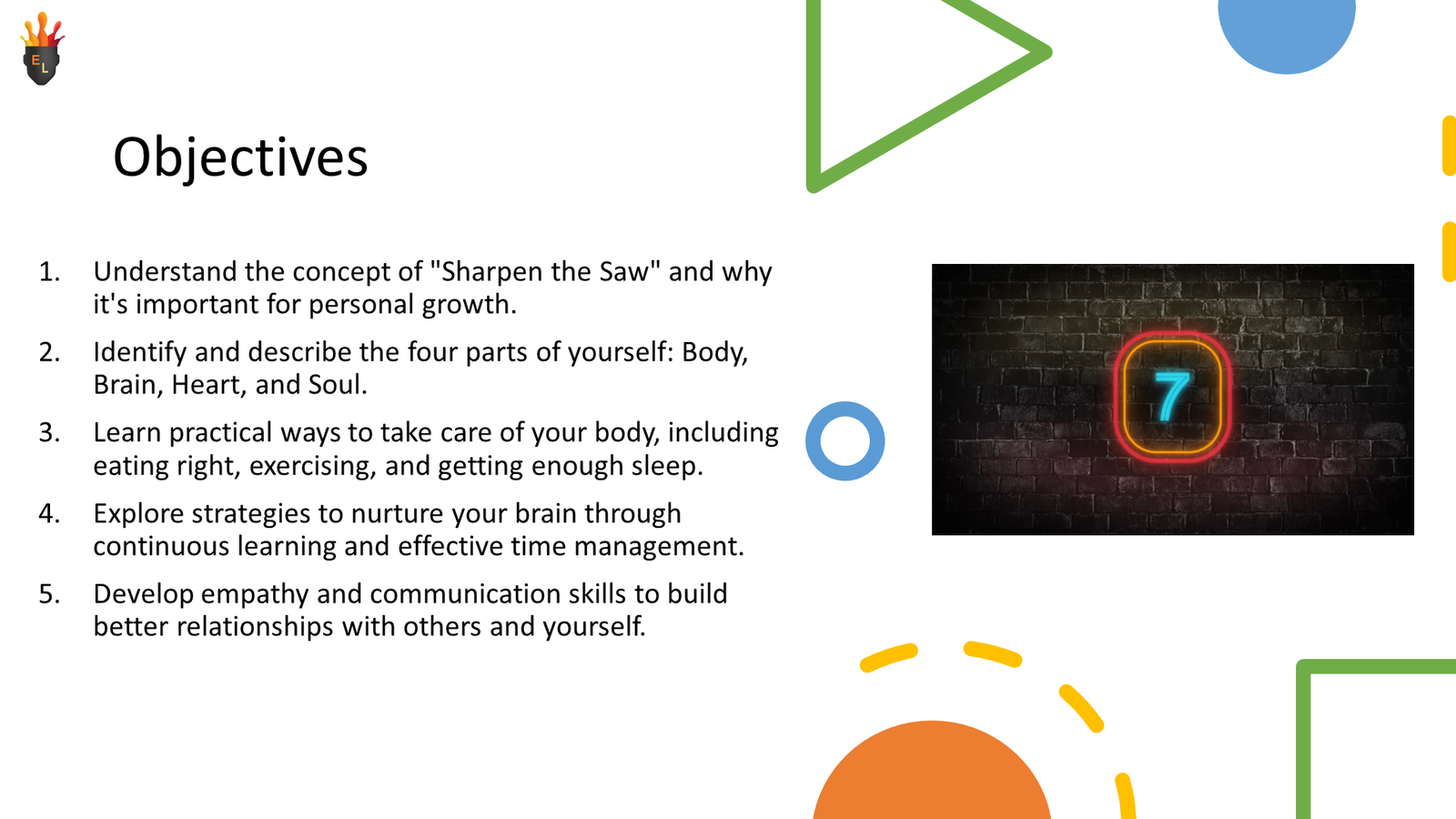 Presentation slide showing objectives about personal growth