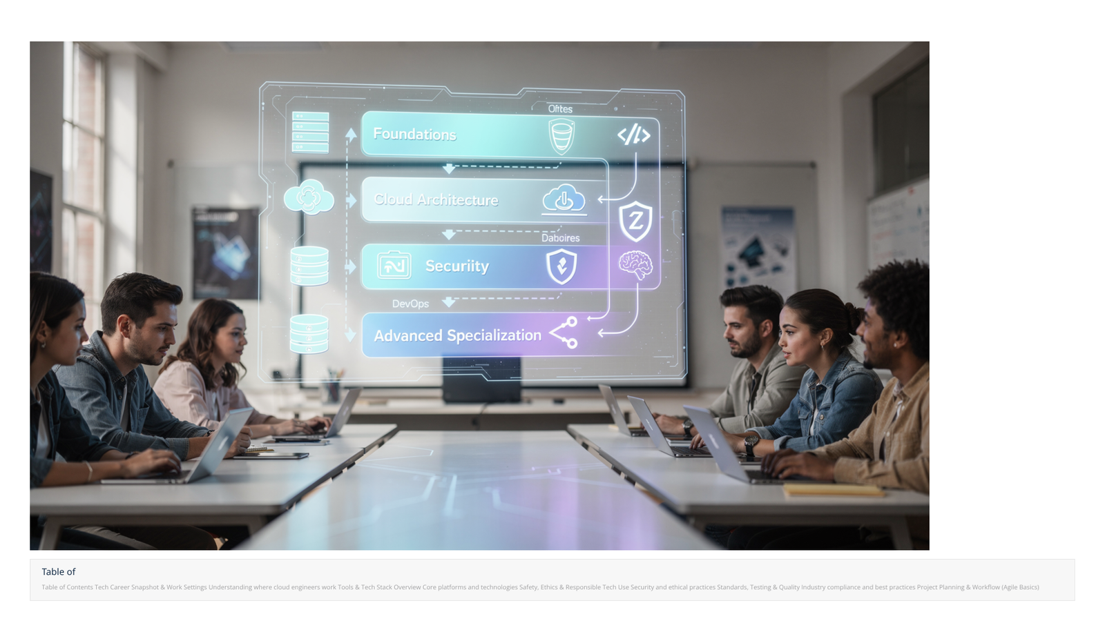 Students using laptops with cloud architecture hologram display
