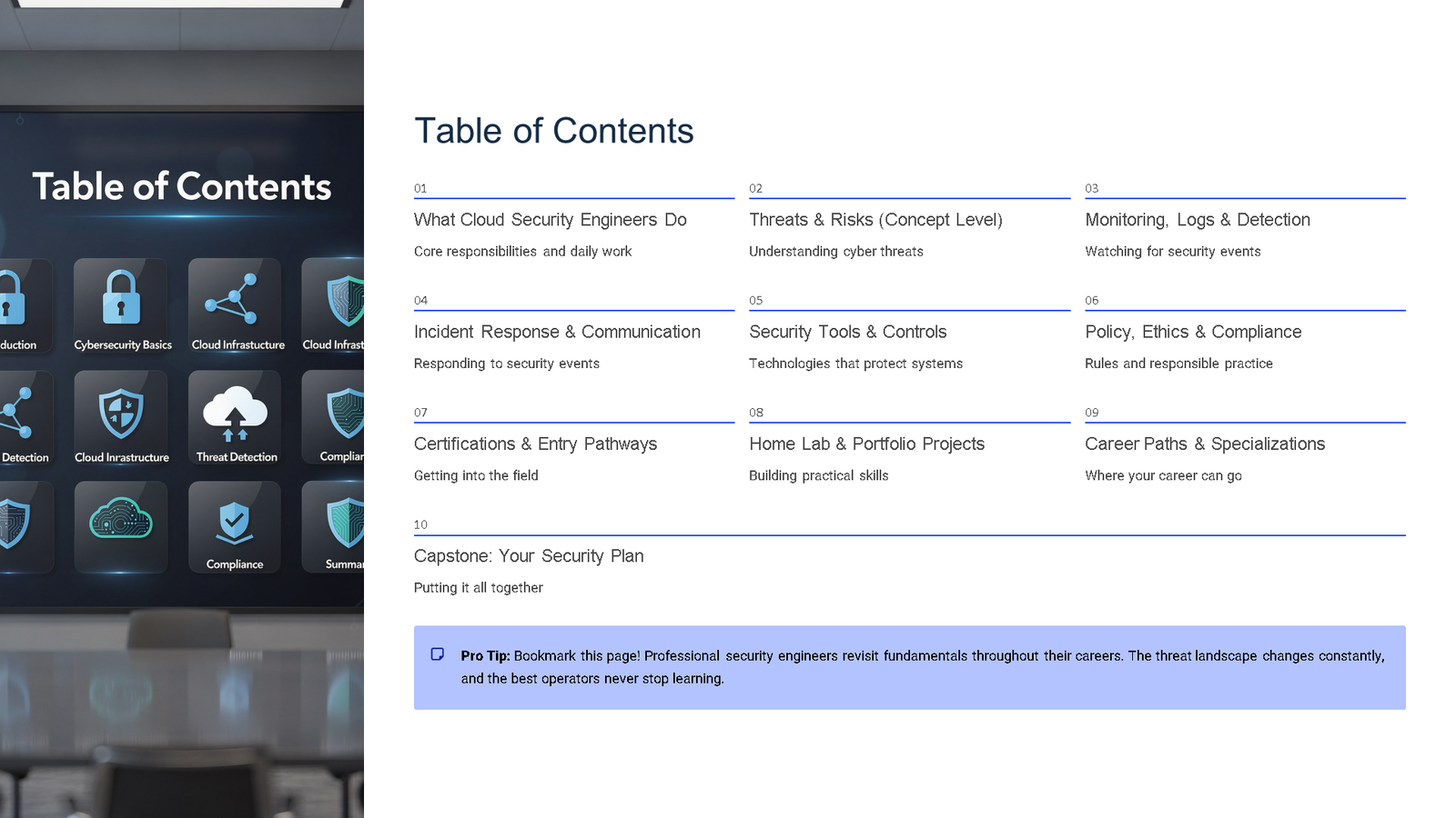 Cloud security course table of contents slide