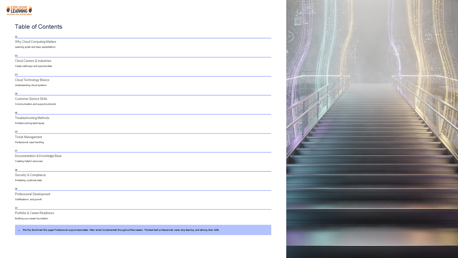 Cloud computing course contents with futuristic staircase graphic