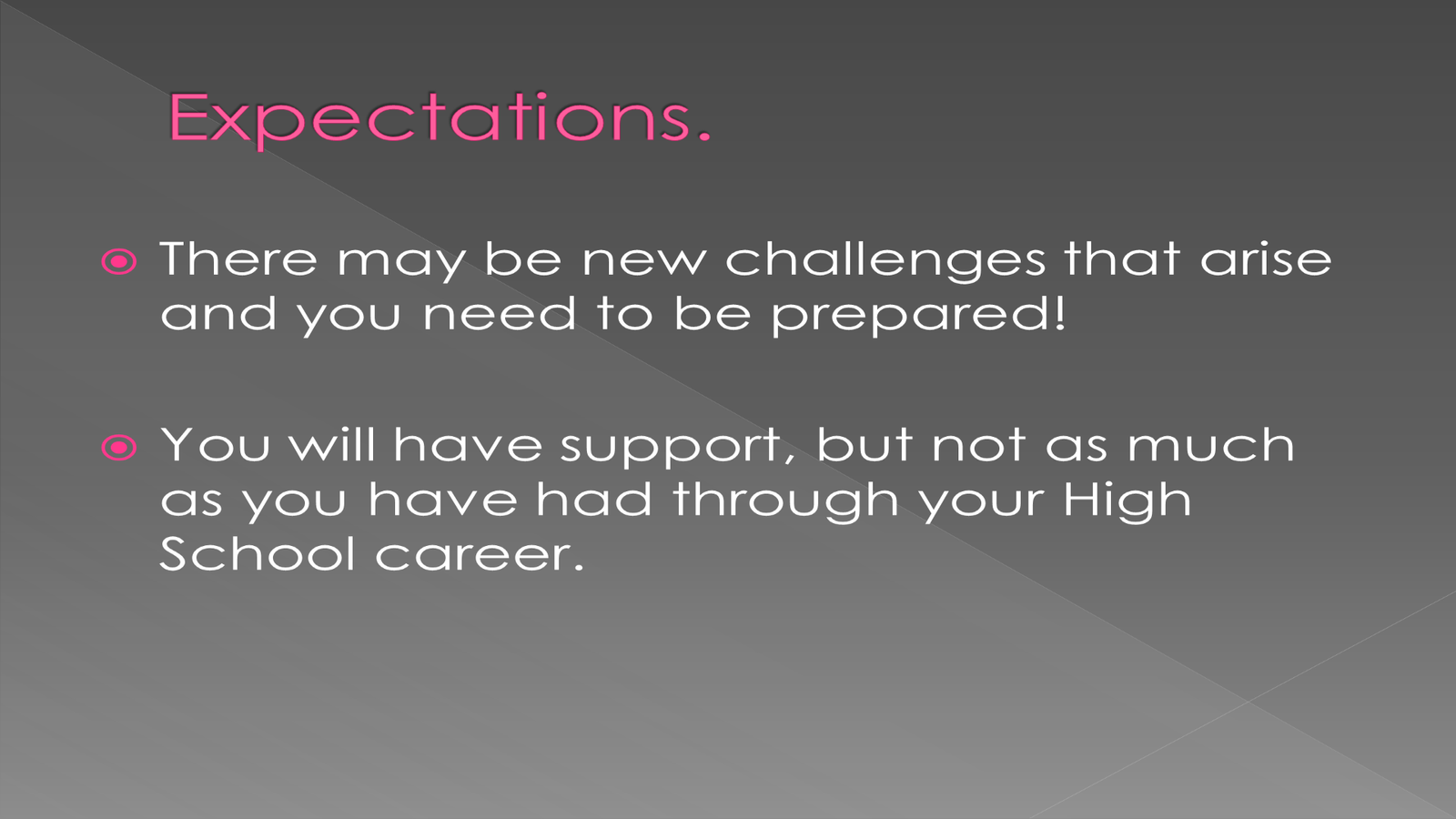 Slide titled Expectations with support and challenges points