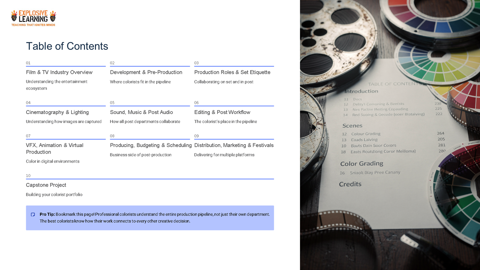 Film production course contents with reels and colour wheels