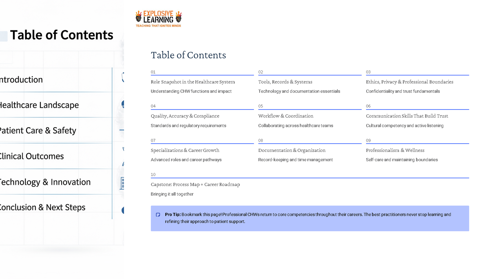 Healthcare training course table of contents slide