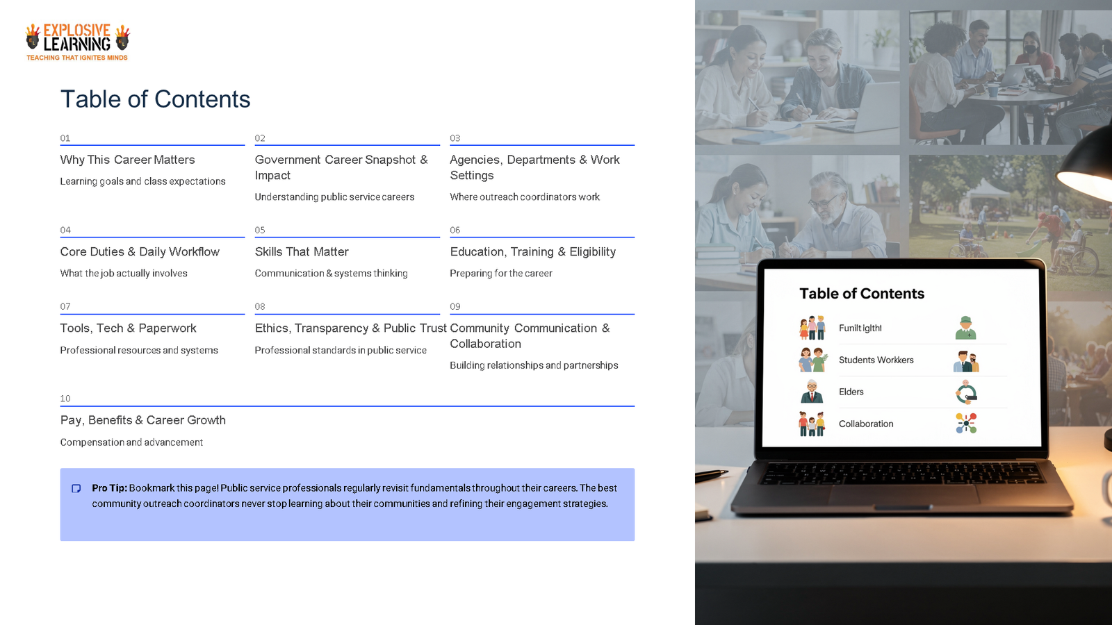 Course table of contents slide beside laptop