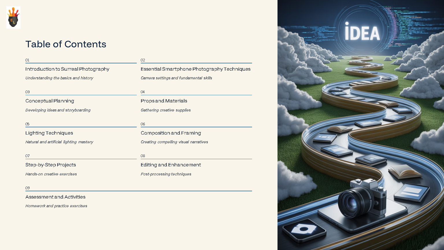 Surreal photography course contents with creative pathway illustration