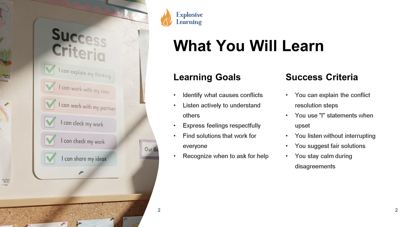 Classroom slide showing learning goals and success criteria