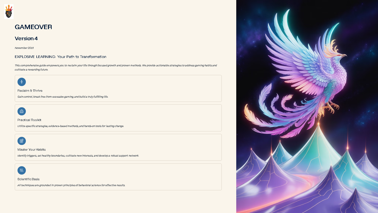 Colourful phoenix rising above glowing mountain peaks