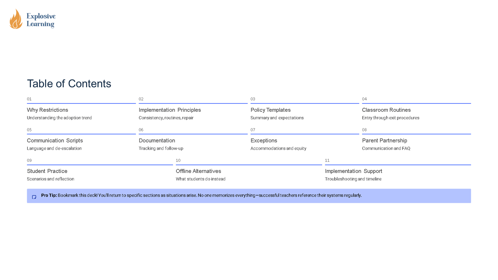 Presentation slide showing education policy table of contents
