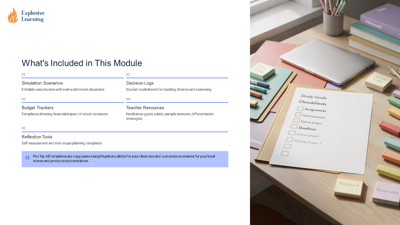 Module overview slide beside organised study desk