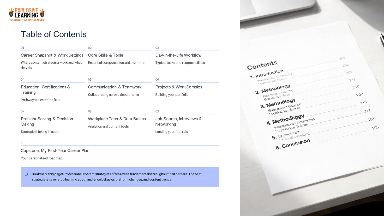 Presentation slide and printed table of contents page
