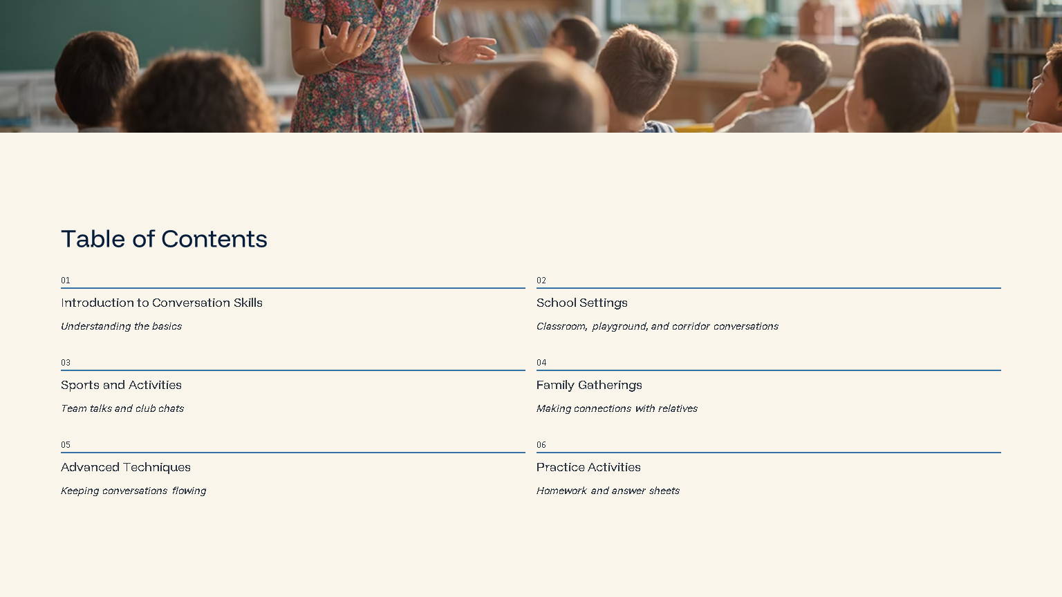 Classroom scene above conversation skills table of contents