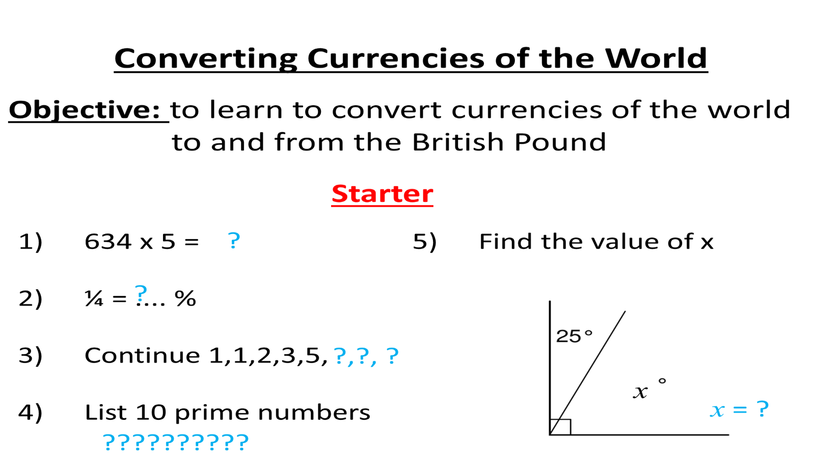 Maths starter worksheet with currency conversion objective