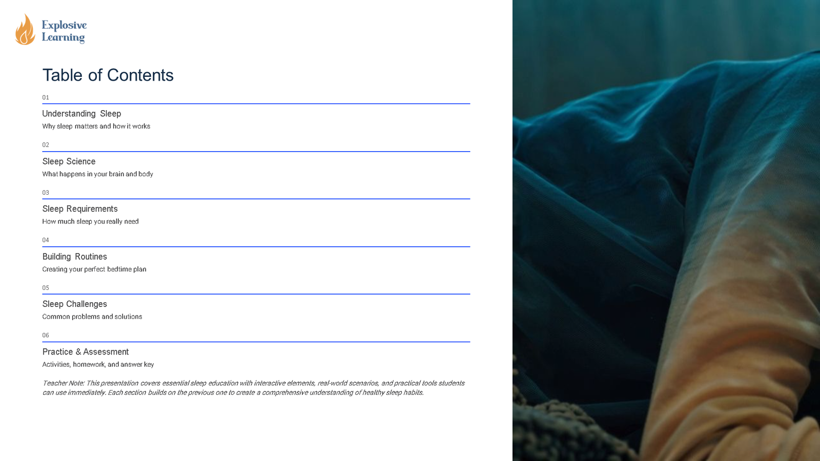 Sleep education presentation table of contents slide