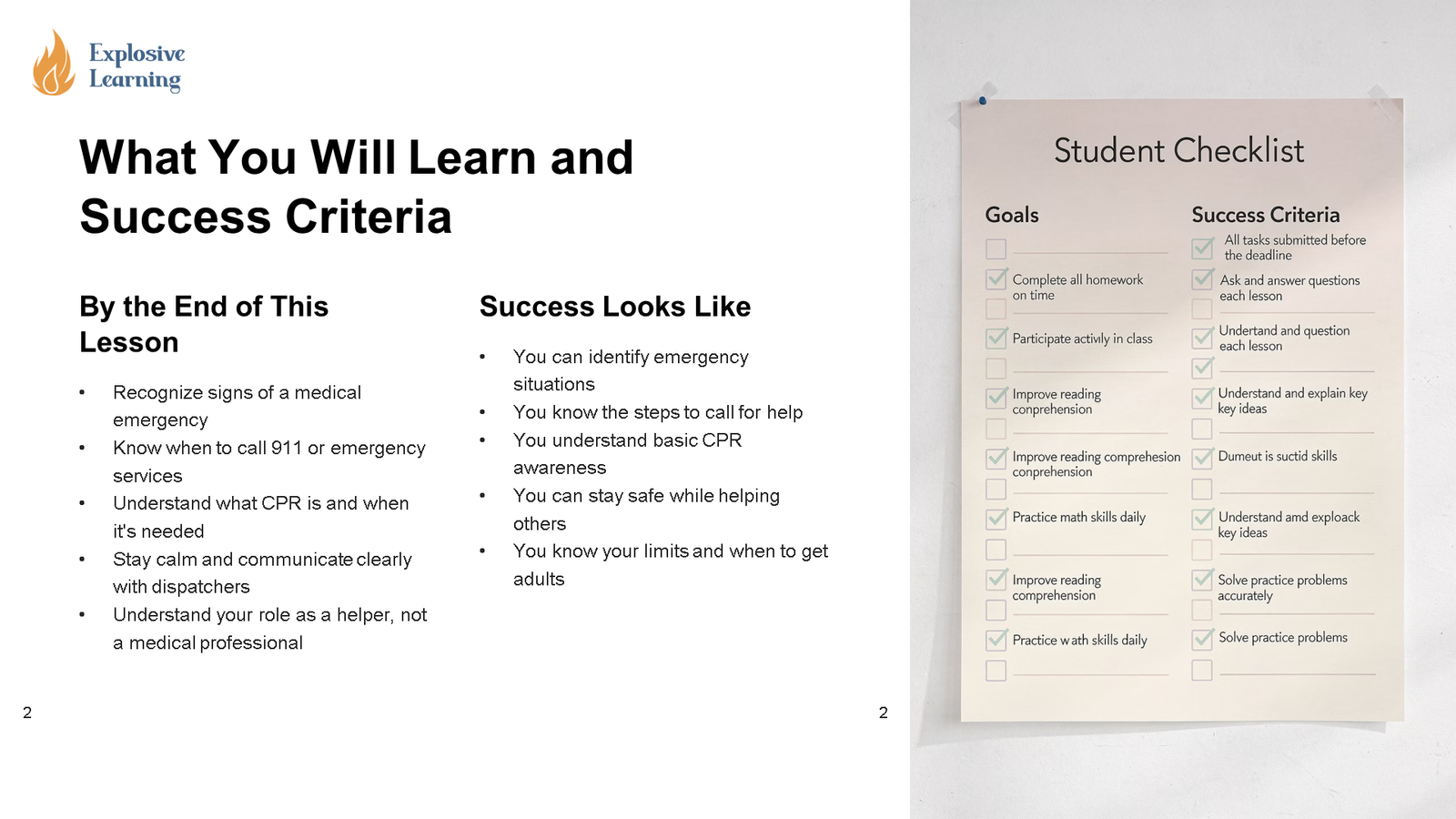 Lesson objectives slide and student checklist poster
