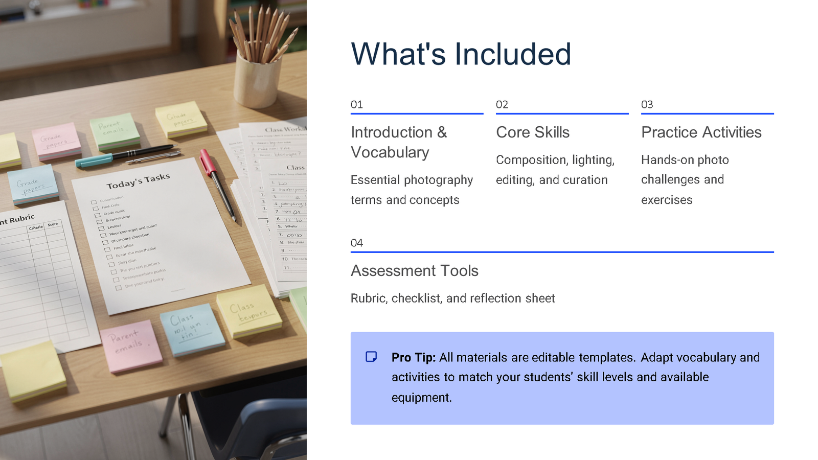 Photography course materials overview on desk and screen