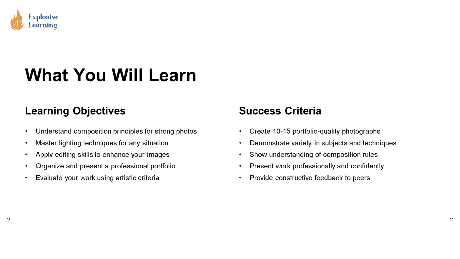 Photography course learning objectives and success criteria slide