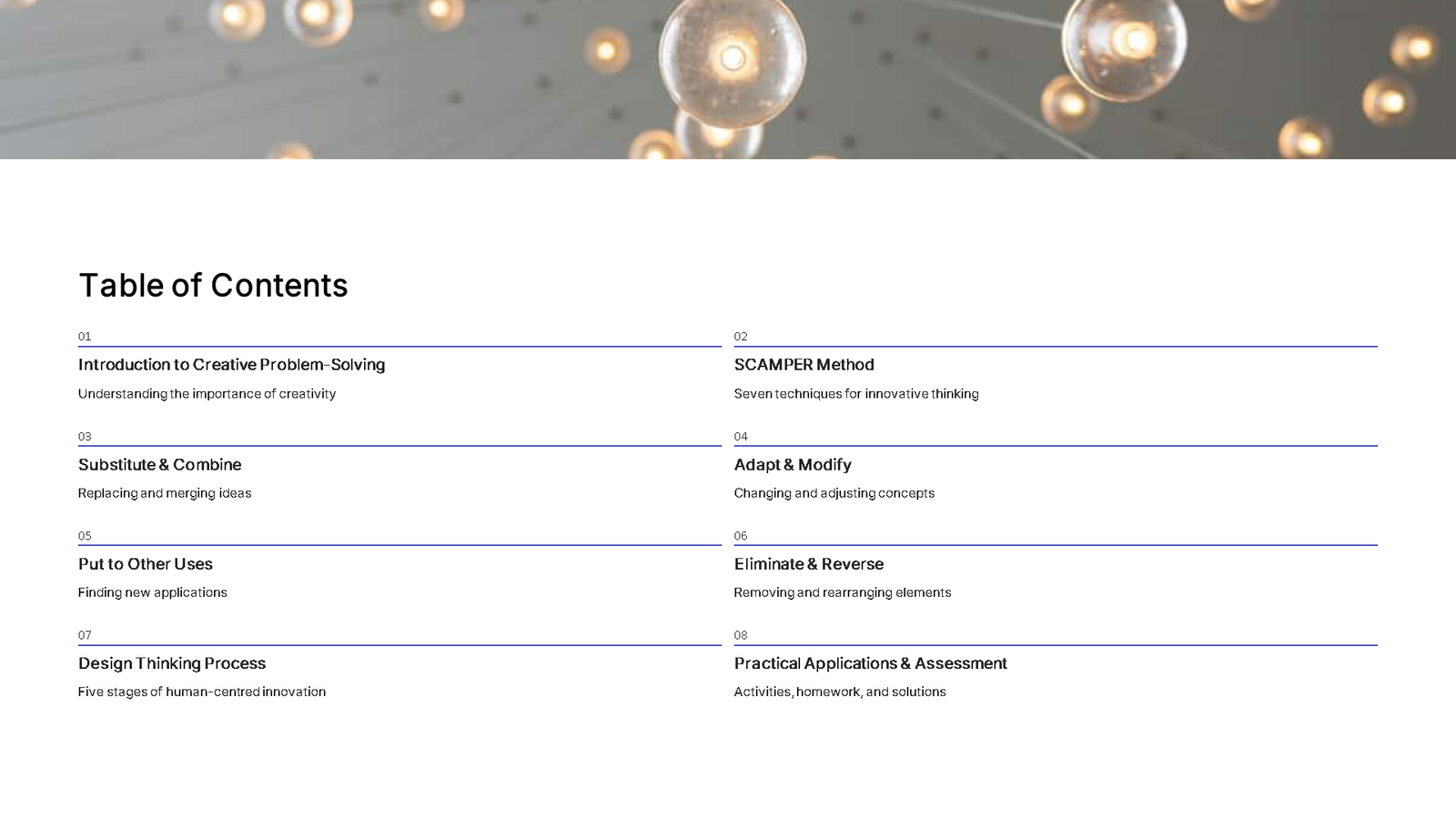Presentation slide showing creative problem-solving table of contents