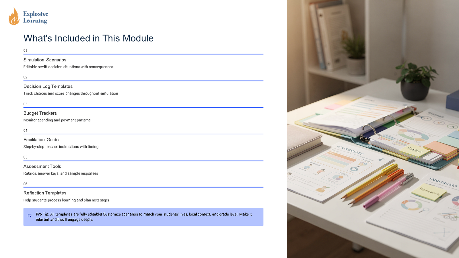 Training module overview slide and organised study desk