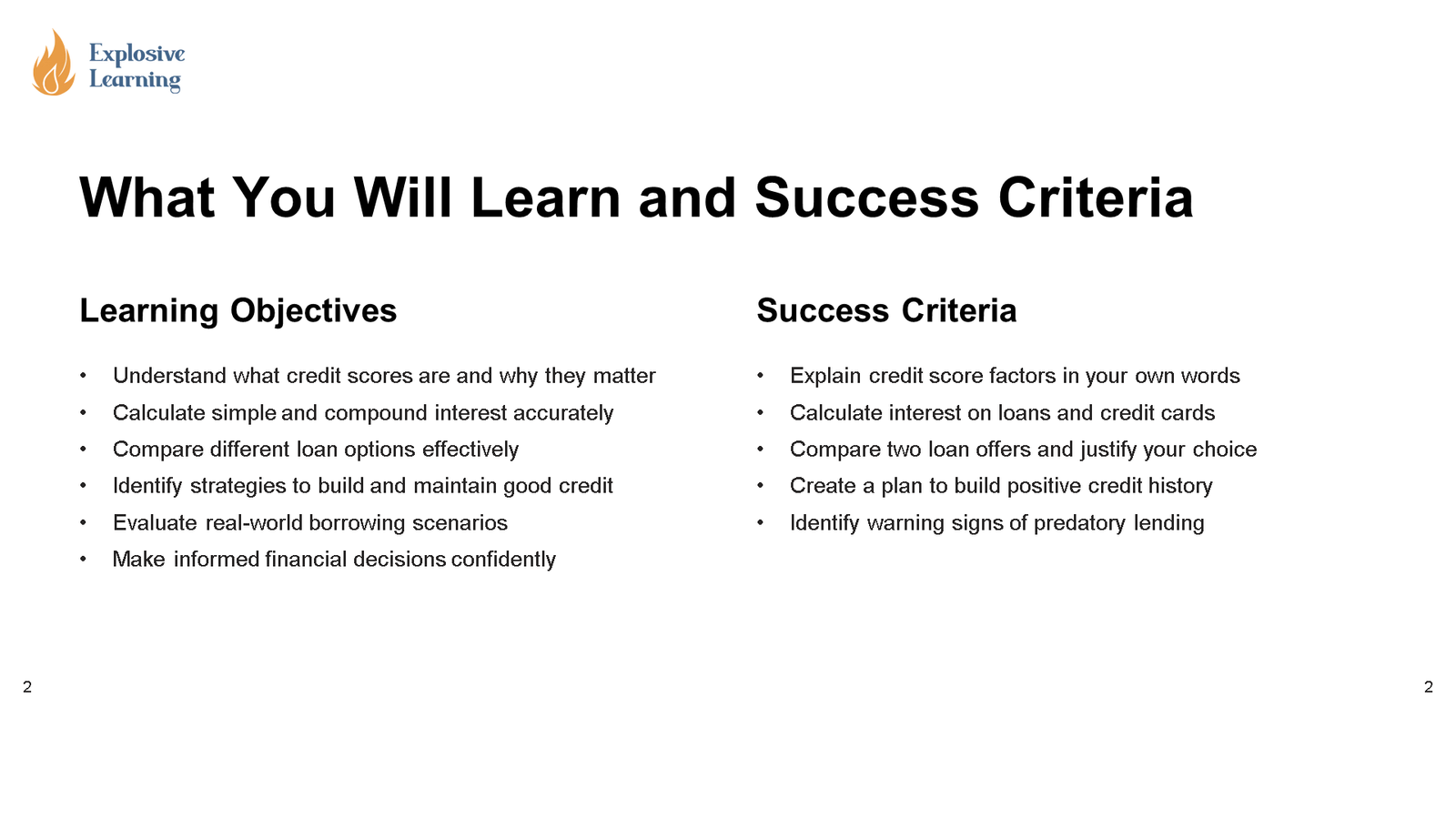 Learning objectives and success criteria slide