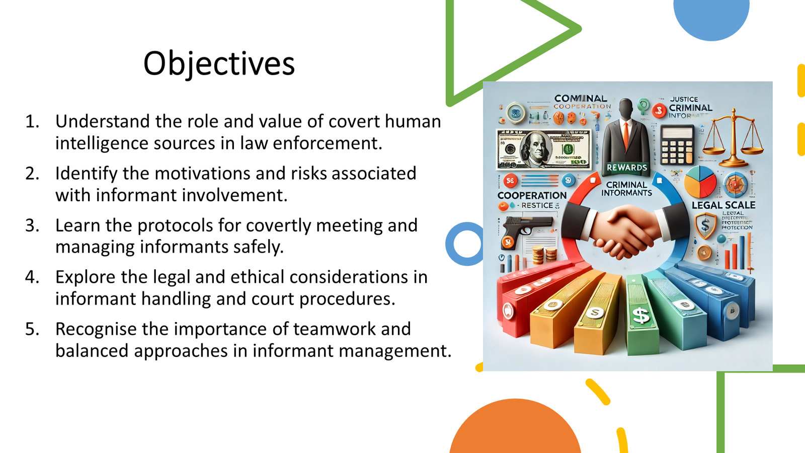 Presentation slide on covert informant management objectives