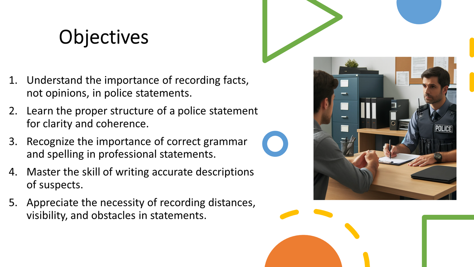 Police officer interviewing man in office