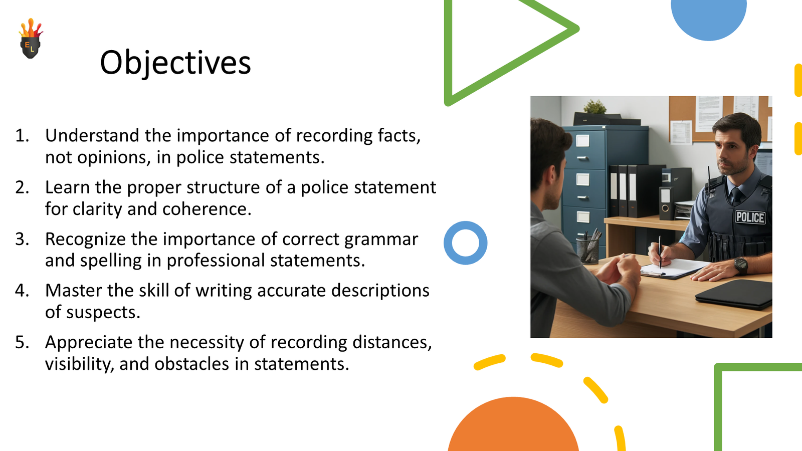 Slide showing objectives with police interview scene