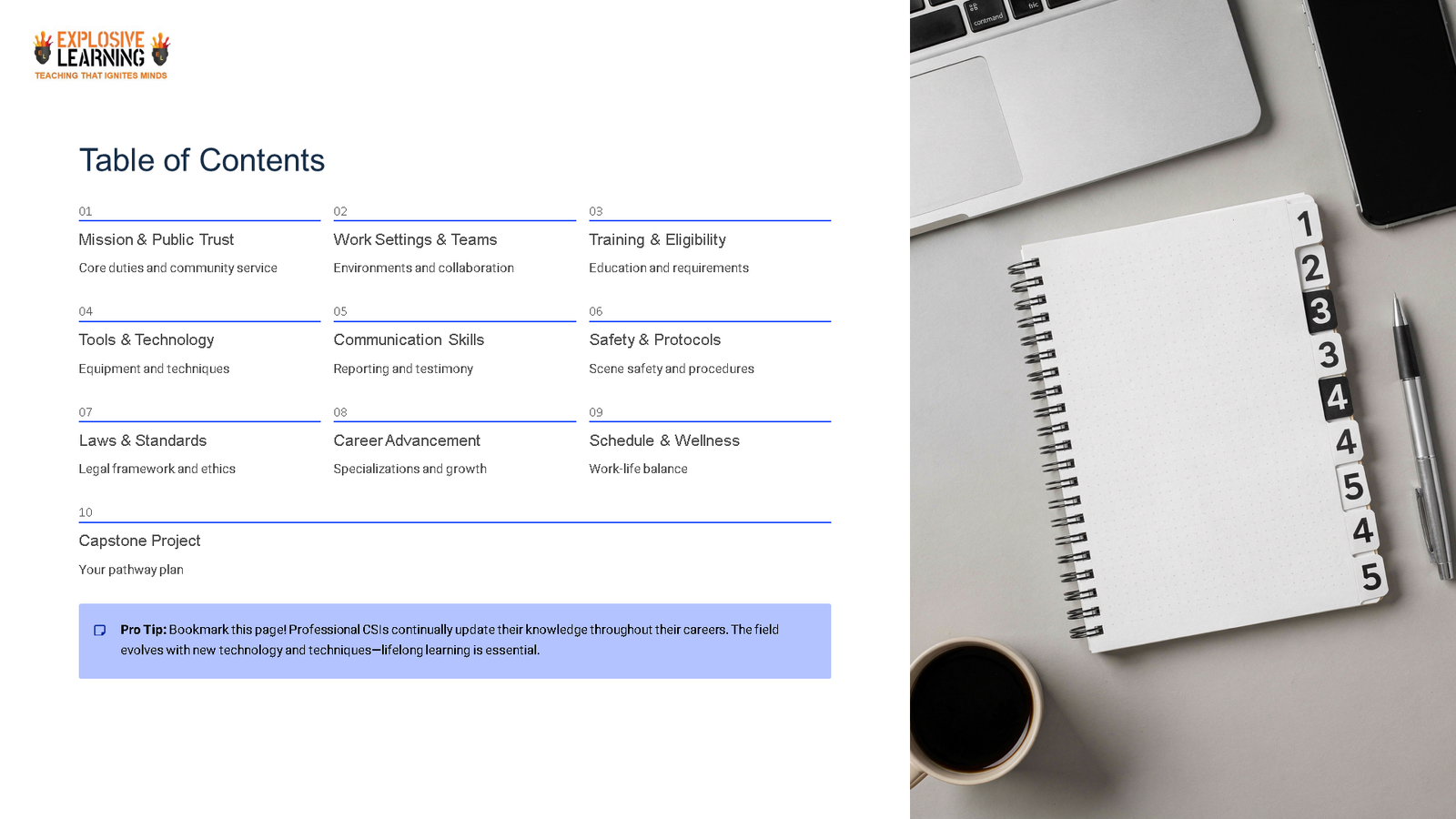 Presentation slide table of contents beside office desk