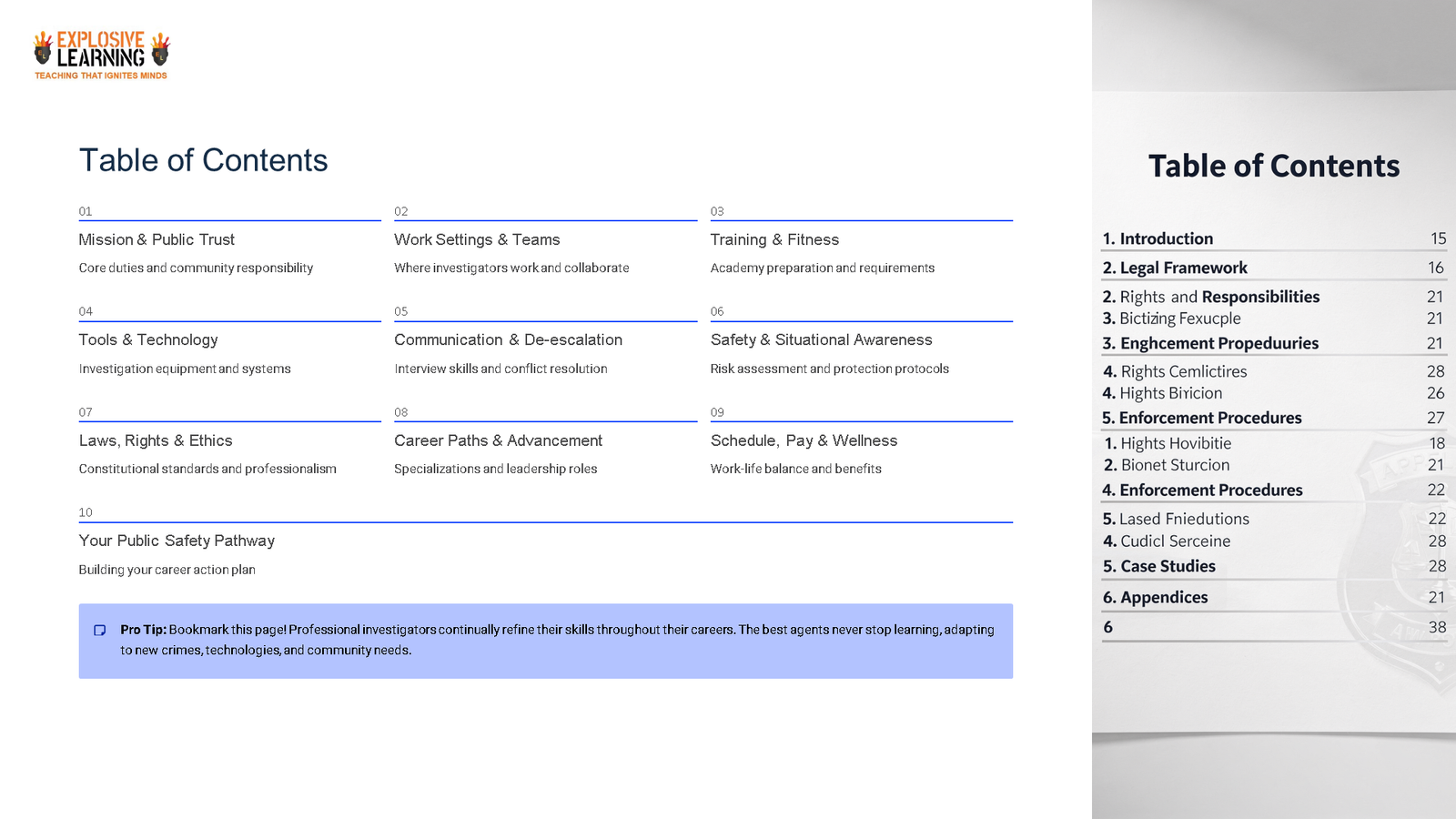 Training manual table of contents page