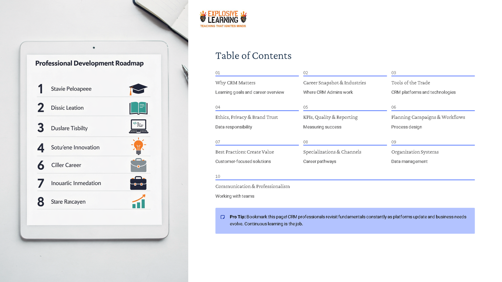 Professional development roadmap and CRM table of contents