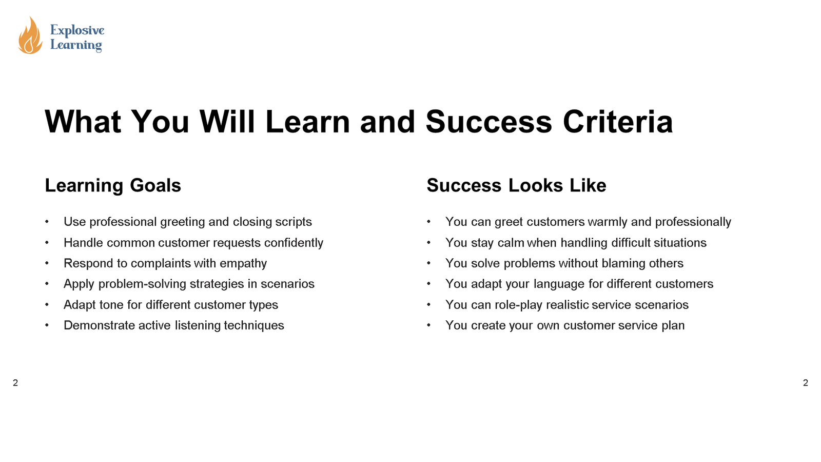 Customer service learning goals and success criteria slide