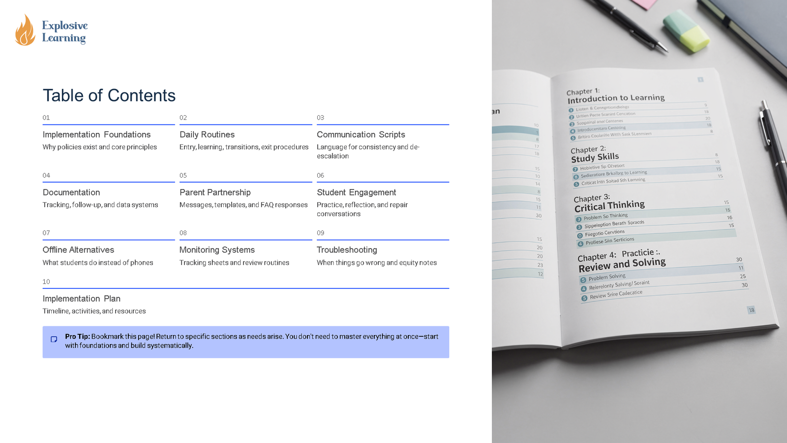 Educational table of contents beside open textbook