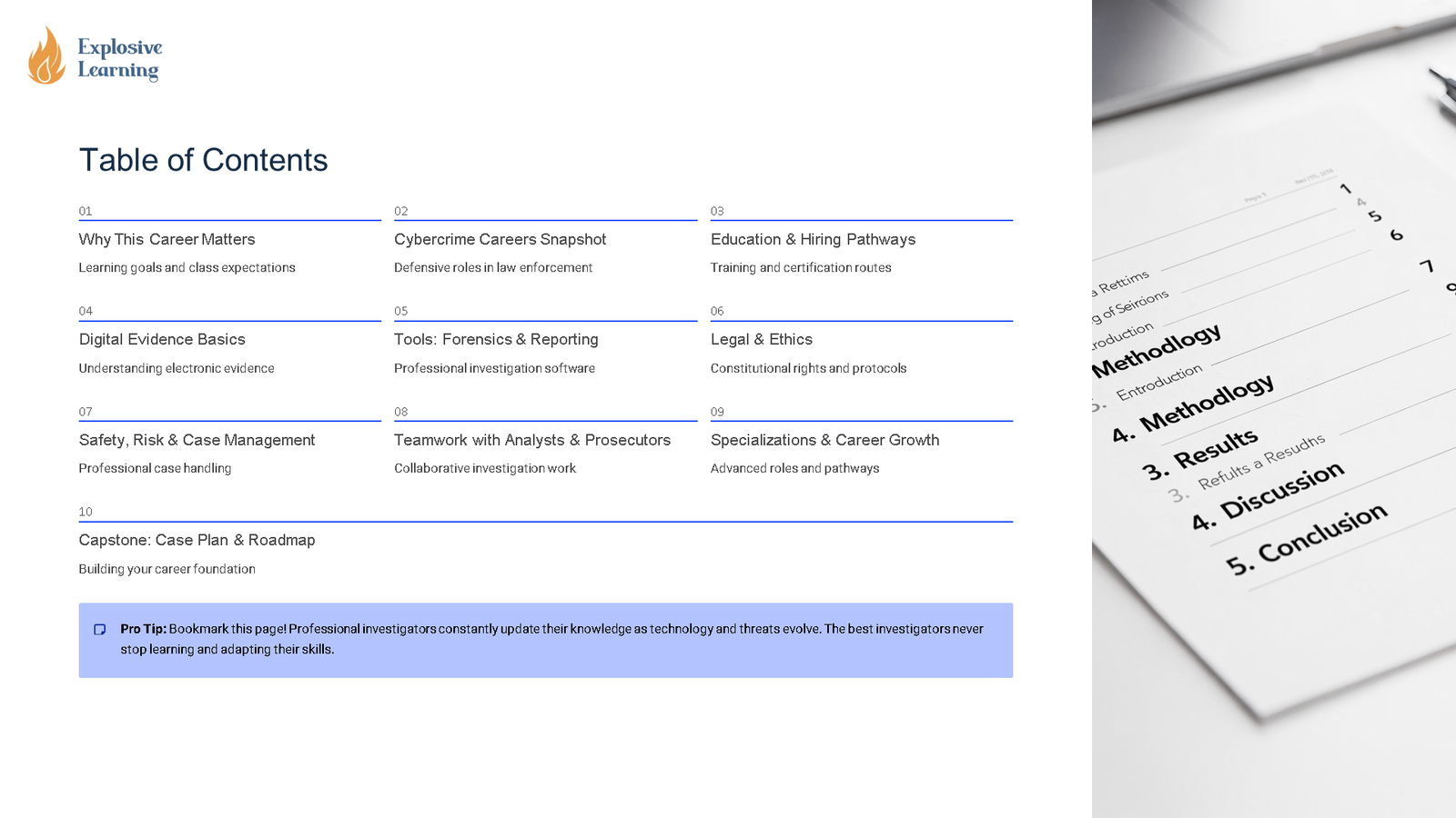 Cybercrime course table of contents slide