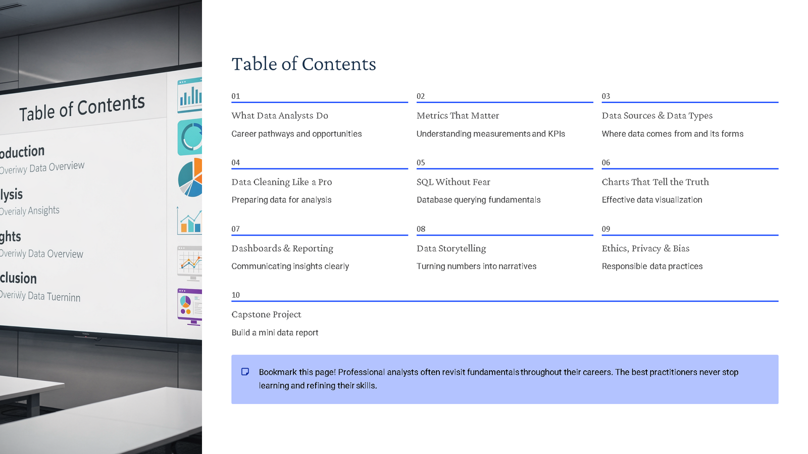 Data analytics course table of contents slide