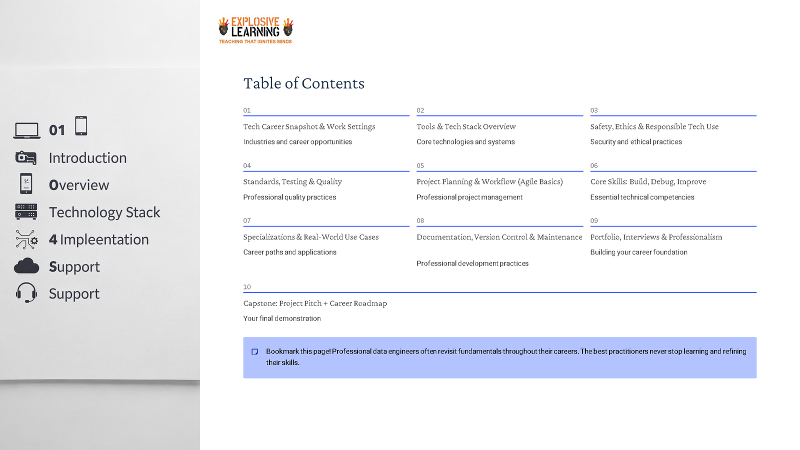 Technology course table of contents slide