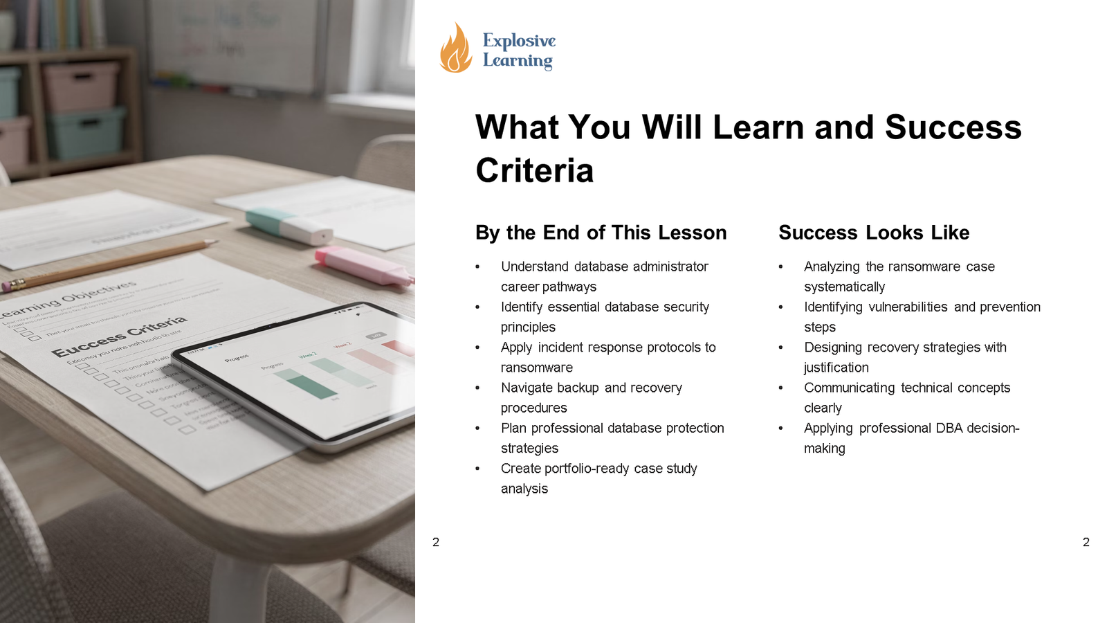 Lesson slide on database security and success criteria