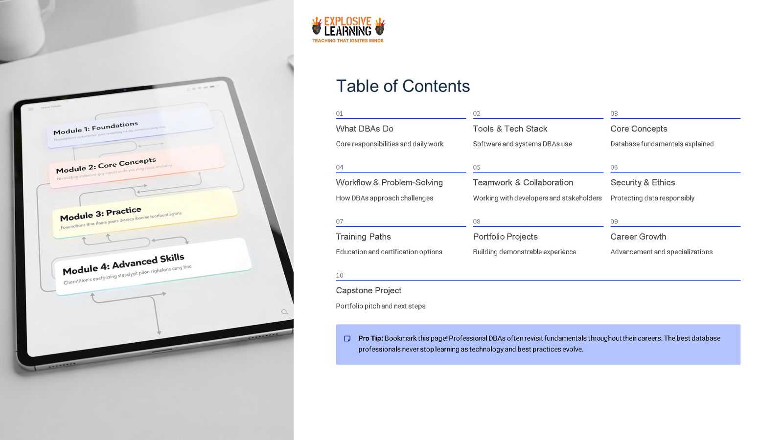 Tablet displaying DBA course table of contents