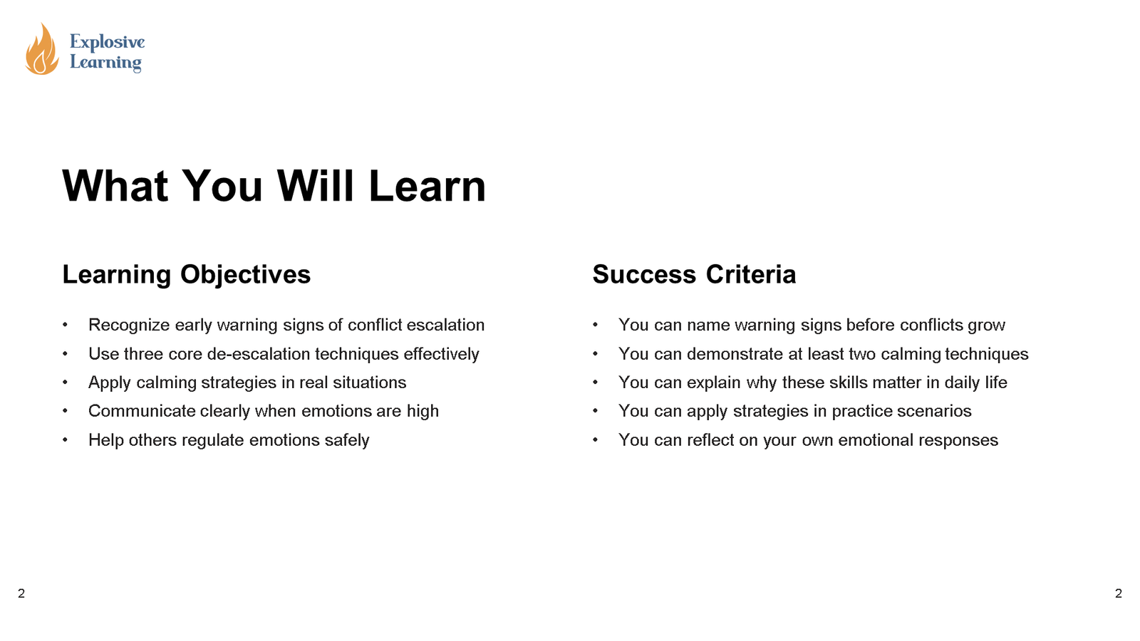 Slide outlining conflict de-escalation learning objectives